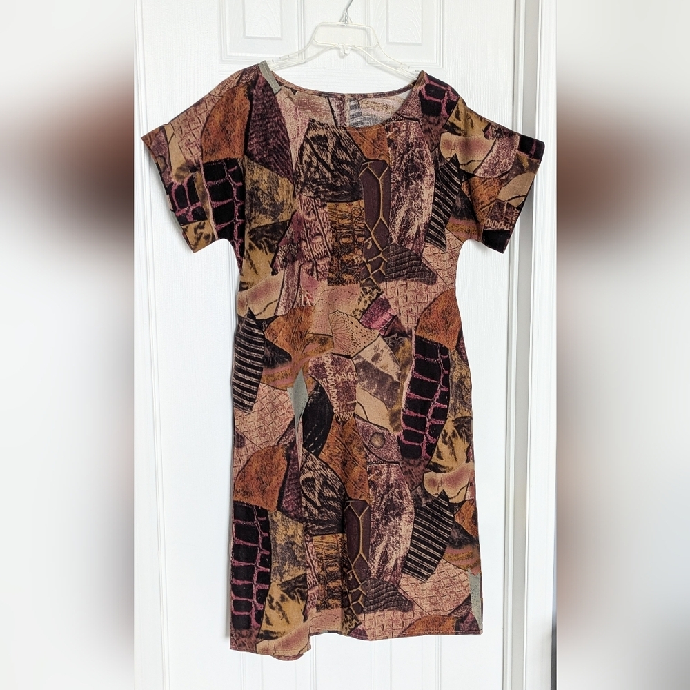 Women's (Medium) Abstract  Patterned 100% Linen Short Sleeve Midi Dress